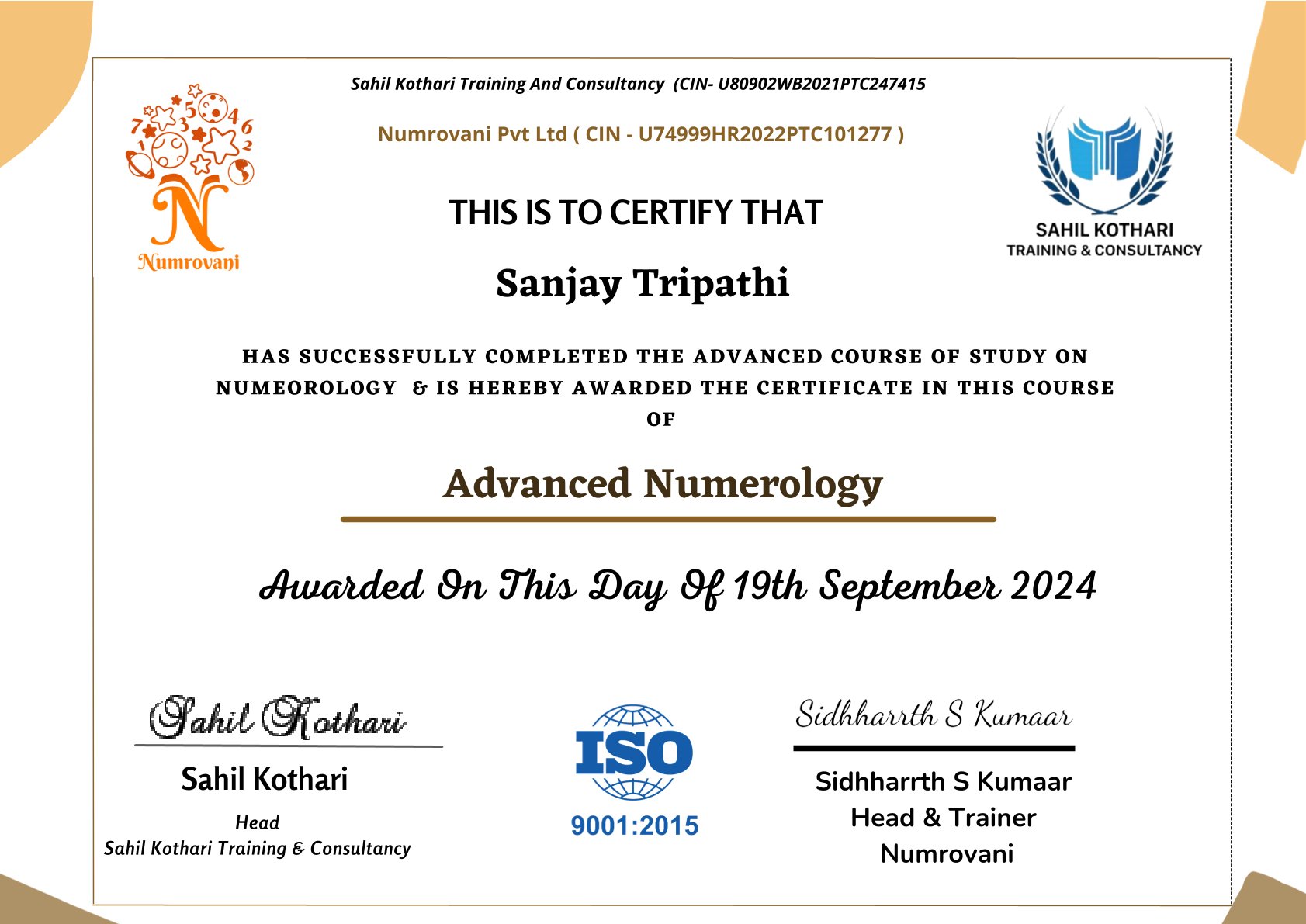 Advanced Numerology certificate awarded to Sanjay H. Tripathi