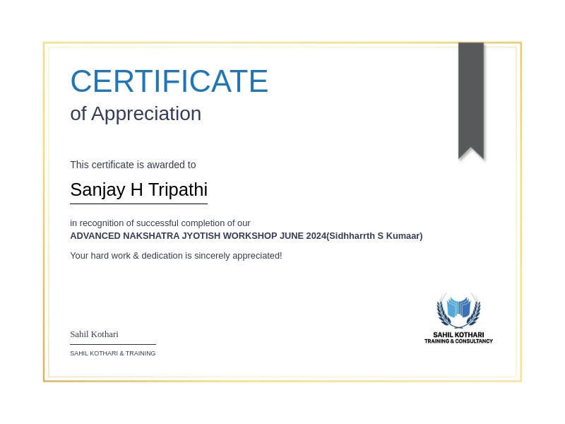 Advanced Nakshatra Jyotish Workshop certificate awarded to Sanjay H. Tripathi