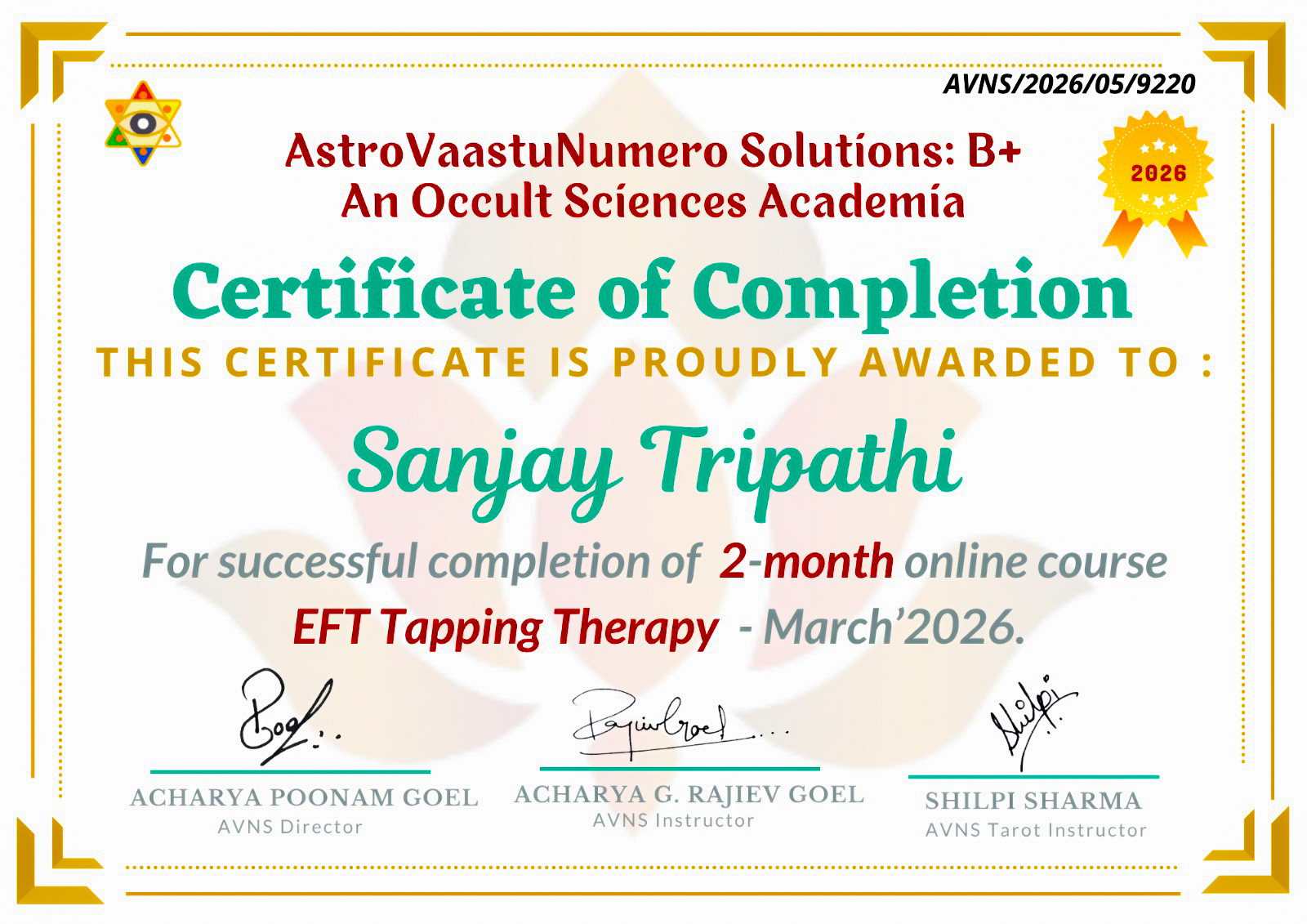 EFT Tapping Therapy certificate awarded to Sanjay H. Tripathi