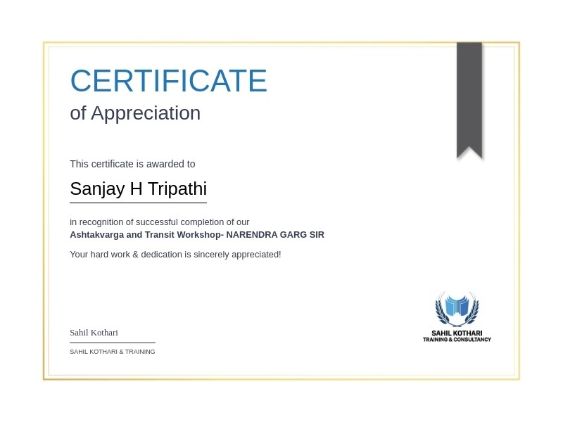 Ashtakvarga and Transit Workshop certificate awarded to Sanjay H. Tripathi