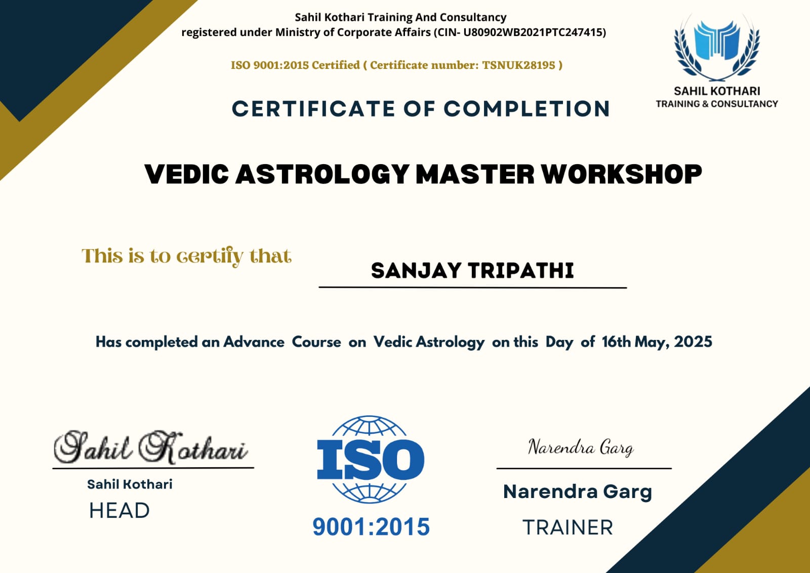 Vedic Astrology Master Workshop certificate awarded to Sanjay H. Tripathi