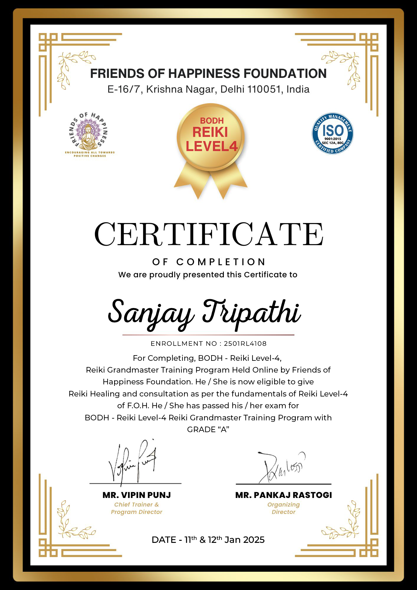 BODH Reiki Level-4 — Reiki Grandmaster certificate awarded to Sanjay H. Tripathi