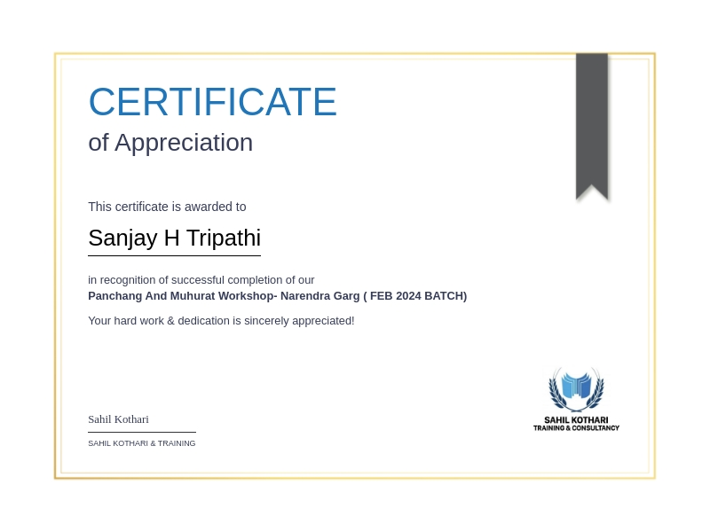 Panchang and Muhurat Workshop certificate awarded to Sanjay H. Tripathi
