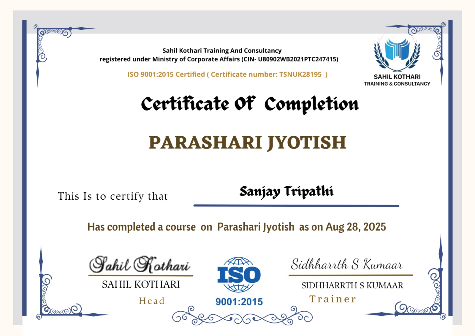 Parashari Jyotish certificate awarded to Sanjay H. Tripathi